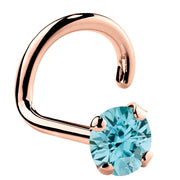 14K rose gold twist nose ring with 3mm genuine blue zircon, large stone four-prong setting