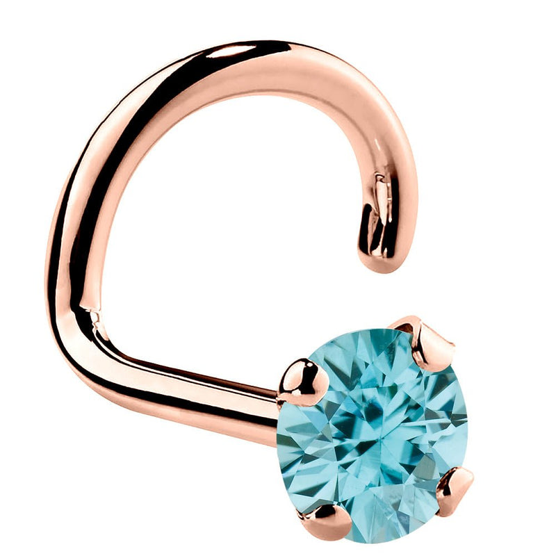 14K rose gold twist nose ring with 3mm genuine blue zircon, large stone four-prong setting