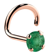 14K rose gold genuine emerald twist nose ring with large 3mm prong-set green emerald stone