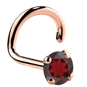 14K rose gold garnet nose ring twist style with 3mm large genuine red garnet, angled view