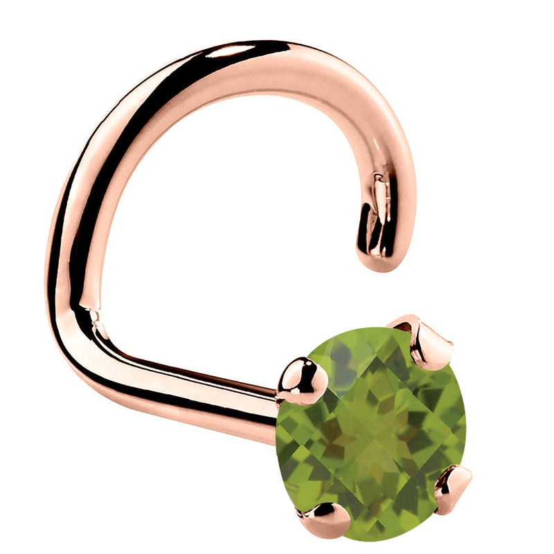 14K rose gold peridot nose ring twist style with 3mm large genuine green stone, side profile