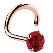 14K rose gold genuine ruby twist nose ring with 3mm large ruby, prominent prong-set stone detail