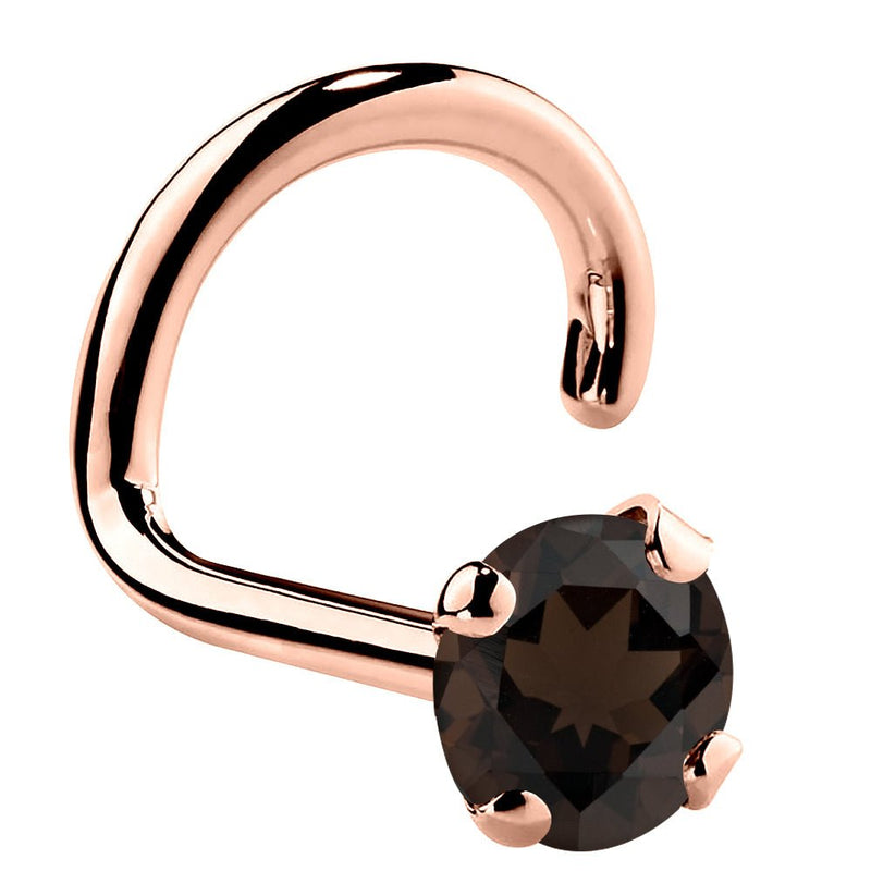 14K rose gold smokey quartz twist nose ring with 3mm large warm brown stone, side view