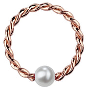14K rose gold twisted captive bead ring with cultured pearl, front view on white background