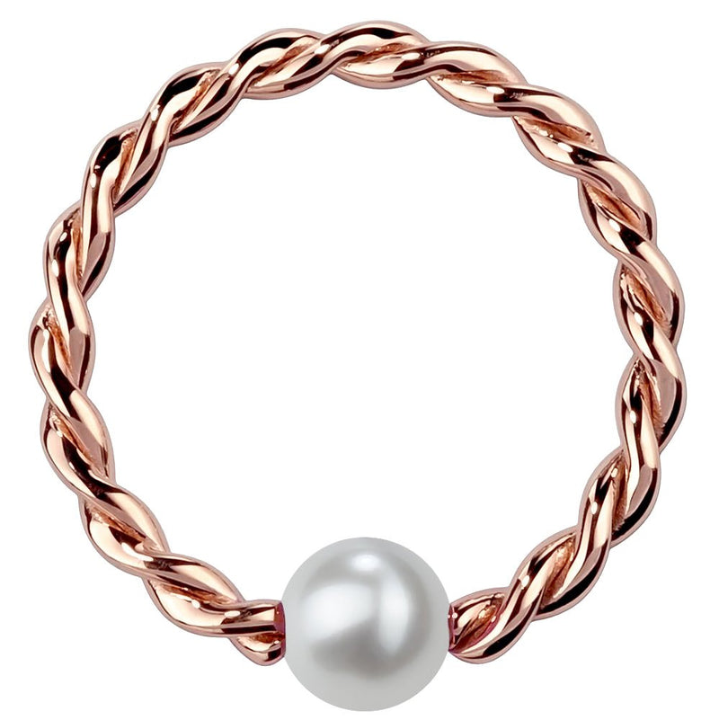 14K rose gold twisted captive bead ring with cultured pearl, front view on white background