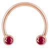 14k rose gold circular barbell with dual red CZ round bezel ends, smaller diameter front view