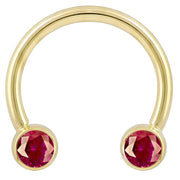 14k yellow gold circular barbell with dual red CZ round bezel ends, front view