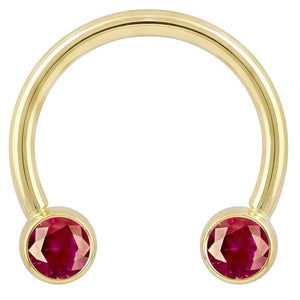 14k yellow gold circular barbell with dual red CZ round bezel ends, front view