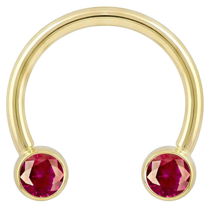 Red Cubic Zirconia Round Bezel 14k Gold Circular Barbell-14K Yellow Gold   12G (2.0mm)   3 4" (19mm)