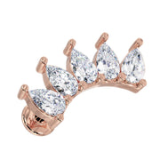 14k rose gold crescent climber cartilage stud with 5 pear-cut white sapphires, angled front view