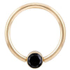 14K yellow gold fixed bead ring with bezel-set round black diamond, front view