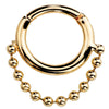 14K yellow gold beaded chain hinged segment clicker ring, front view showing dangle chain