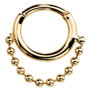 14K yellow gold beaded chain hinged segment clicker ring, front view showing dangle chain