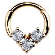 14K yellow gold hinged segment clicker ring with three prong-set CZ stones in triangular cluster