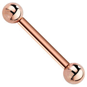 14k rose gold straight barbell with polished ball ends, angled front view on white background