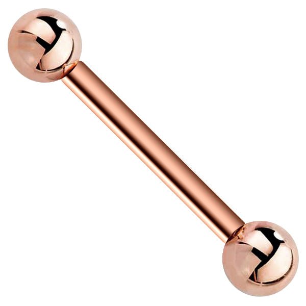 14k rose gold straight barbell with polished ball ends, angled front view on white background
