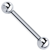 14k white gold straight barbell with polished ball ends, angled front view on white background