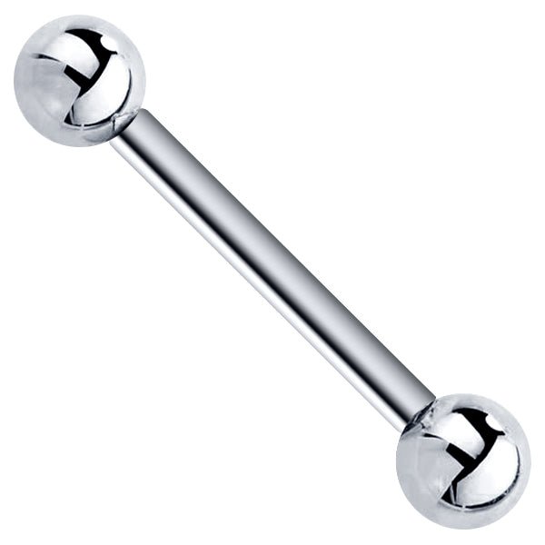 14k white gold straight barbell with polished ball ends, angled front view on white background