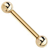 14k yellow gold straight barbell with polished ball ends, angled front view on white background