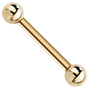 14k yellow gold straight barbell with polished ball ends, angled front view on white background