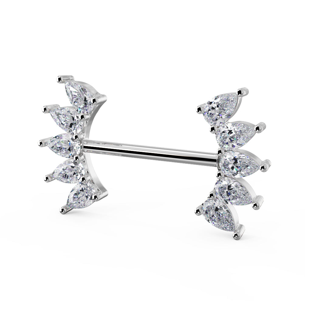 Side View White Sapphire 10 Pears Crescent 14k Gold Barbell Nipple Ring