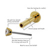 Labeled diagram of threadless flat back post anatomy showing 14k gold barbell, disc backing, and steel pin details