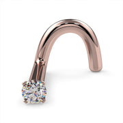 14k rose gold 1.5mm diamond nose stud, twist style, angled front view showing prong setting