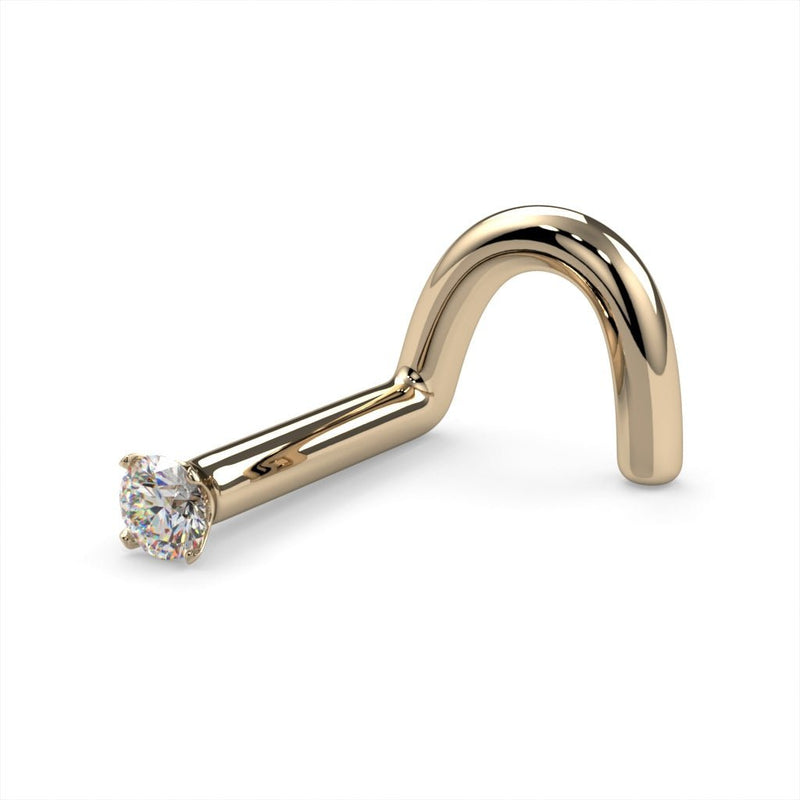 14k yellow gold 1.5mm diamond nose ring twist style, angled side view showing curved end