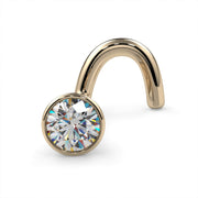 14k yellow gold 2.5mm diamond bezel nose ring twist style, angled view highlighting warm gold tone