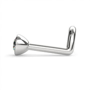 Side profile of platinum diamond bezel nose stud in L post style showing low-profile setting height
