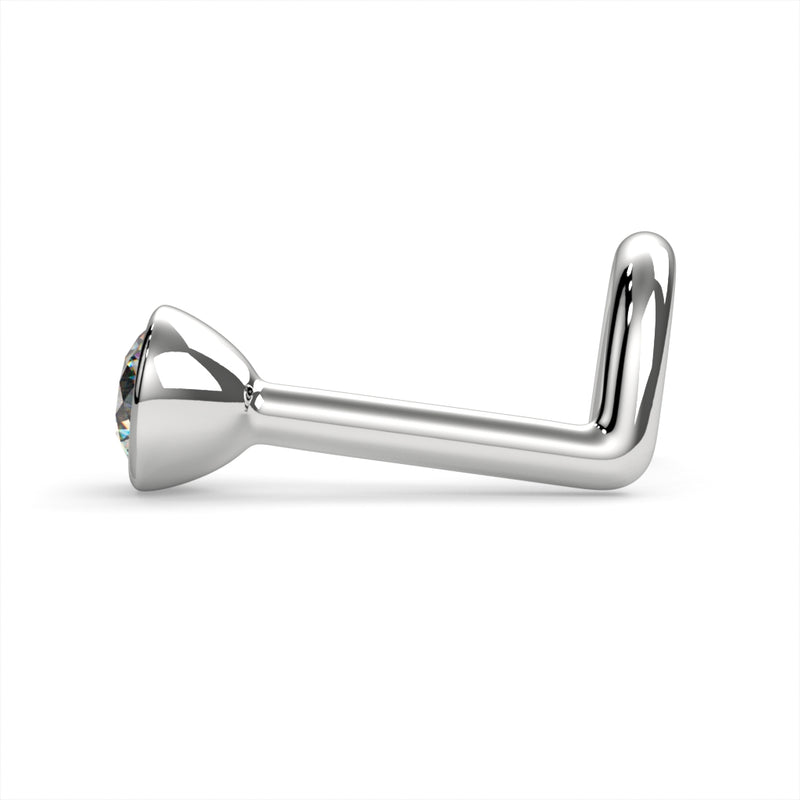 Side profile of platinum diamond bezel nose stud in L post style showing low-profile setting height
