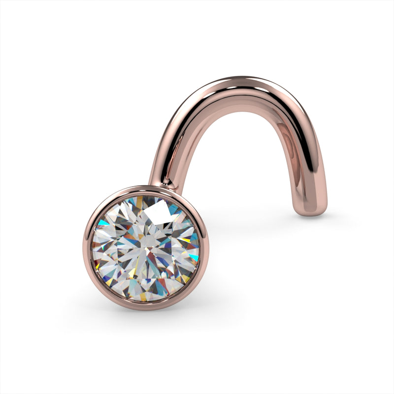 14k rose gold 2.5mm diamond bezel nose ring twist style, front-angled view showing rosy warm finish