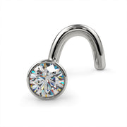 Platinum 2.5mm diamond bezel nose ring in twist style, angled front view showing diamond brilliance