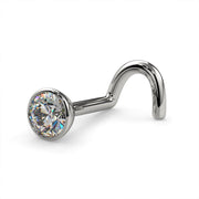 14k white gold 3mm diamond bezel nose ring twist style, lower angled view showing post and stone detail
