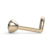 Side profile of 14k yellow gold diamond bezel nose stud L-post style showing post angle and bezel back