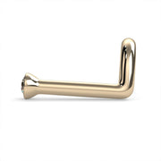Side profile of 14k yellow gold 1.5mm diamond bezel nose ring showing L-post shape