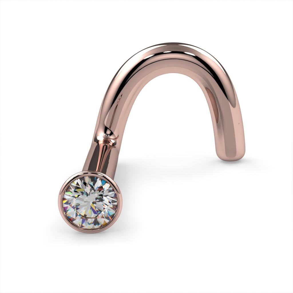 1.5mm Tiny Diamond Bezel Nose Ring Stud-14k Rose Gold   Twist   18G