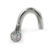 Platinum 1.5mm diamond bezel nose ring twist style, angled front view with bright VS1 diamond