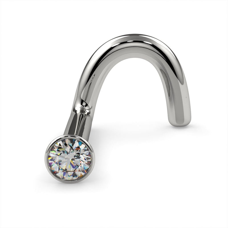 Platinum 1.5mm diamond bezel nose ring twist style, angled front view with bright VS1 diamond