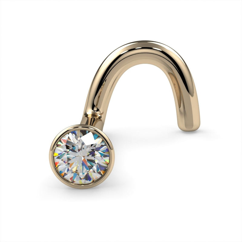 14k yellow gold 2mm diamond bezel nose ring, twist style, angled product view