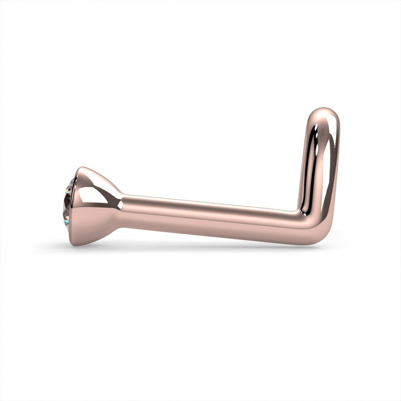 Side profile of 14k rose gold diamond bezel nose stud, L post style showing bent angle
