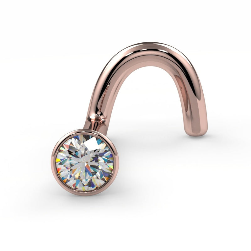 14k rose gold 2mm diamond bezel nose ring, twist style, showing warm rosy metal tone