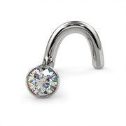 Platinum 2mm diamond bezel nose ring, twist style, angled view showing screw post
