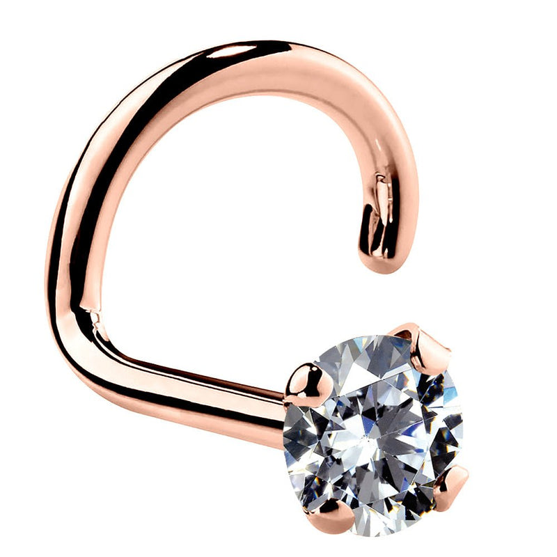 14k rose gold CZ nose ring twist style, angled view showing rose-toned spiral backing and prong setting