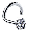 14k white gold CZ nose ring twist style, angled view showing spiral backing and martini prong setting