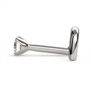 Side view of 14k white gold diamond nose bone stud showing straight post and ball end profile