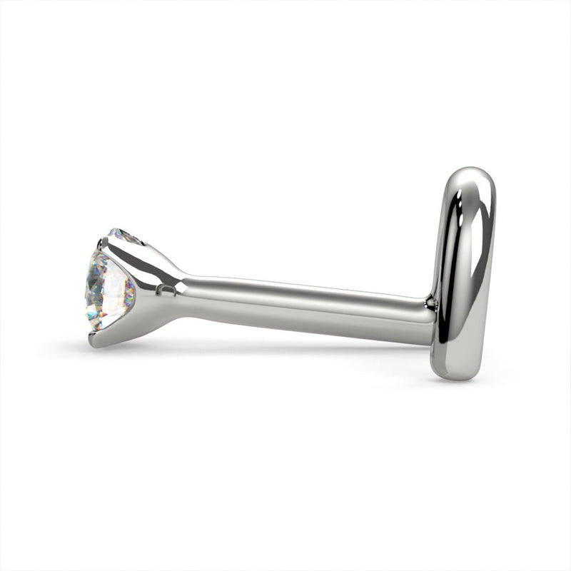 Side view of 14k white gold diamond nose bone stud showing straight post and ball end profile