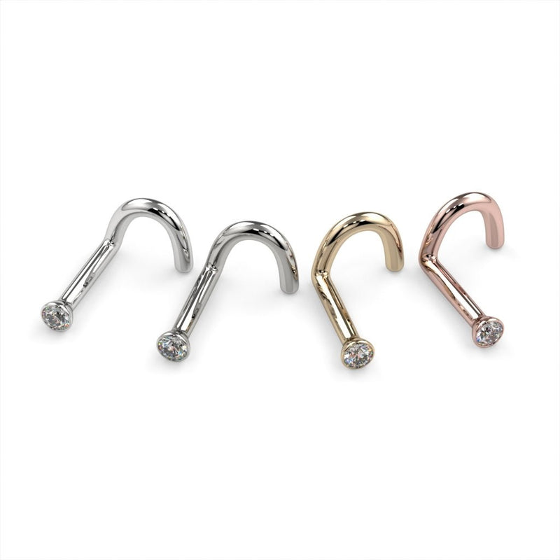 1.7mm diamond bezel nose ring twist style in platinum, white gold, yellow gold, and rose gold