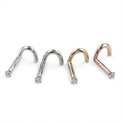 1.7mm diamond twist nose ring in all four metal colors: platinum, white gold, yellow gold, rose gold