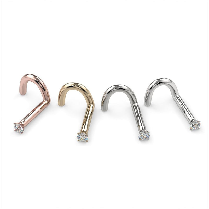 1.5mm diamond twist nose studs in all four metal colors: rose gold, yellow gold, white gold, platinum